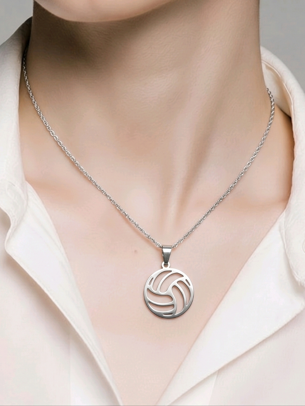 Volleyball Stainless Steel Necklace Silver Sports Pendant Athlete Player Mom